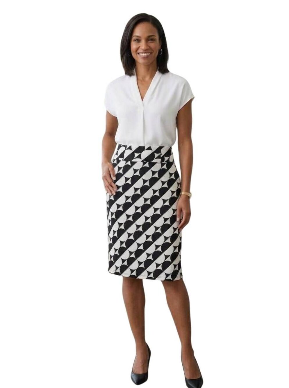 Classic Concepts NWT Black & White Geometric Pencil Skirt, Size L